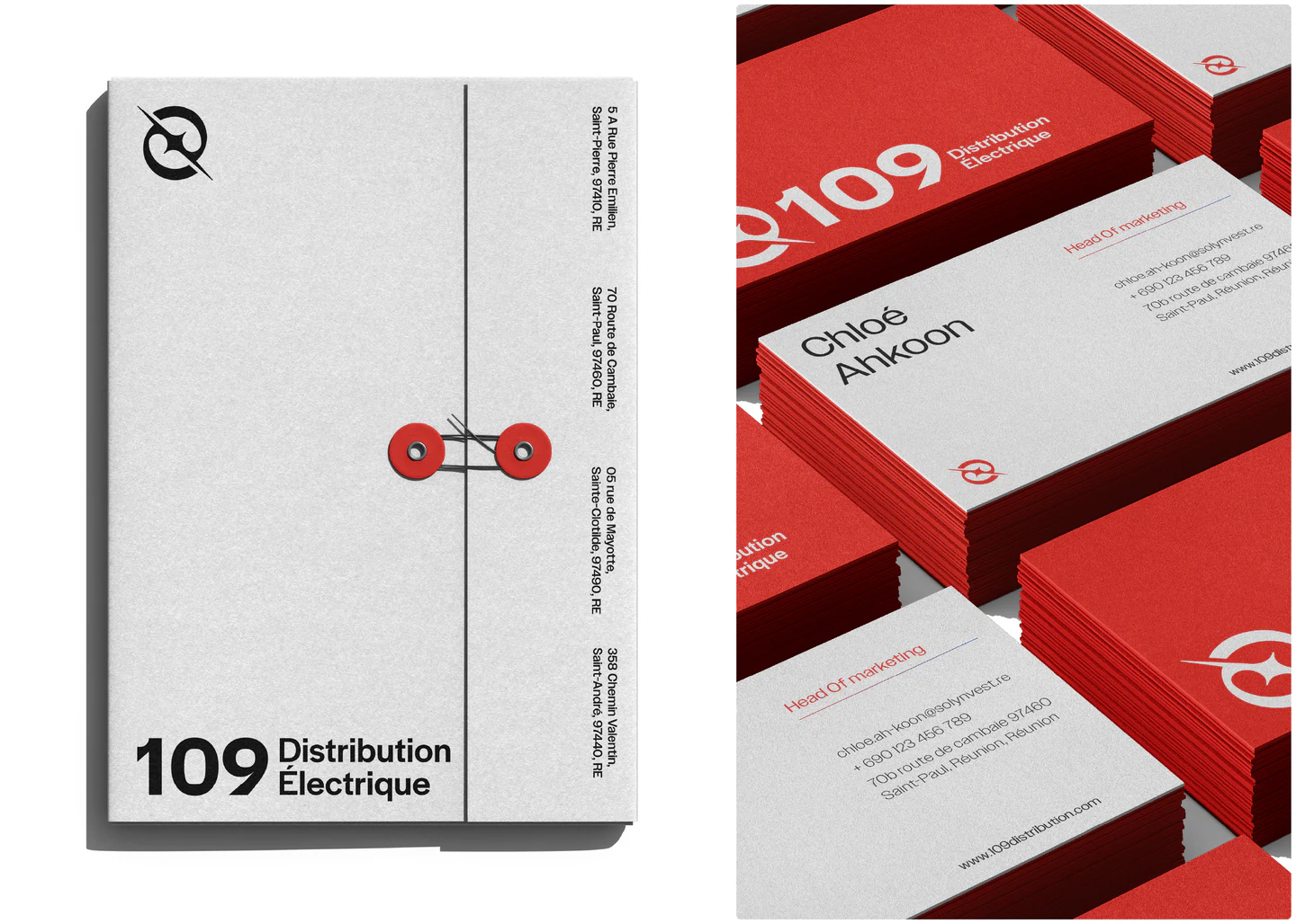 A binder and red product boxes