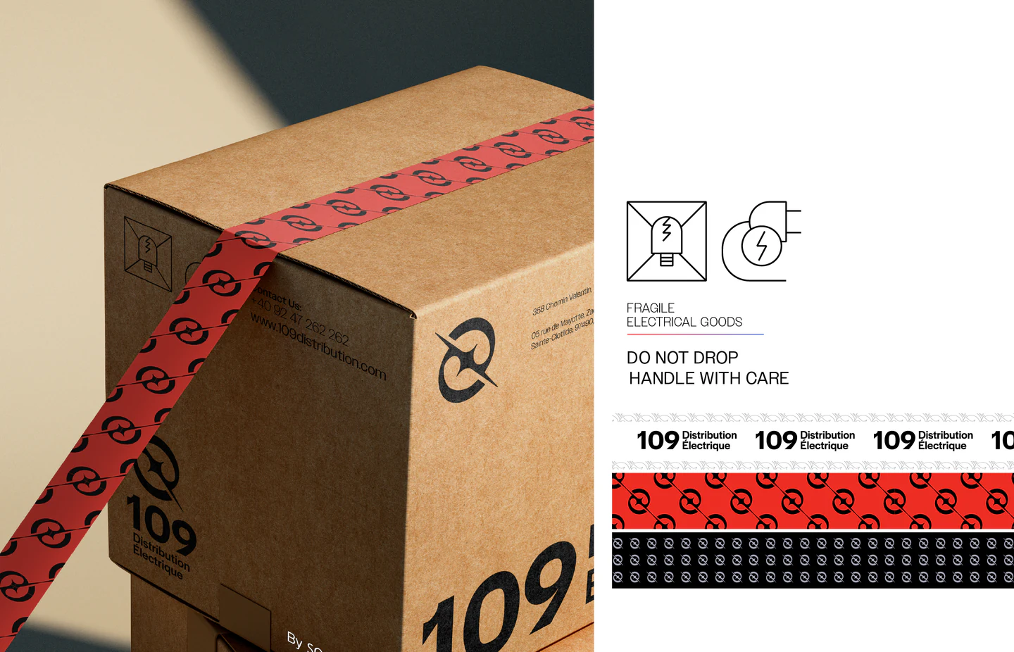 A shipping box with tape and handling icons
