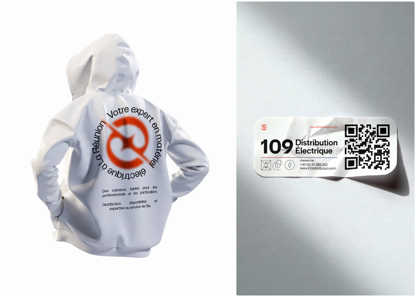 A white hoodie with a circular slogan and a QR card