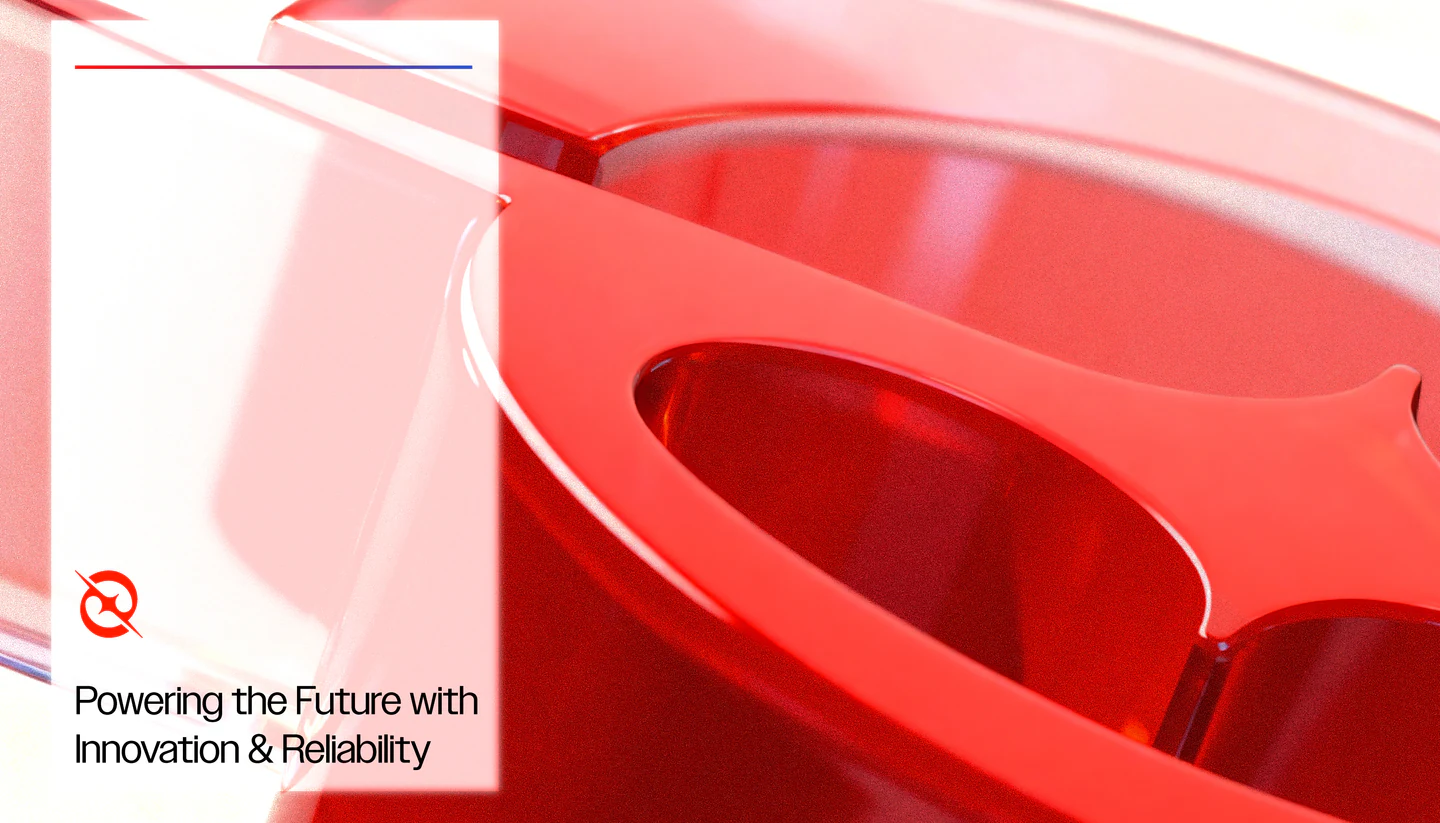 A glossy red 3D logomark: 4 branches across the island
