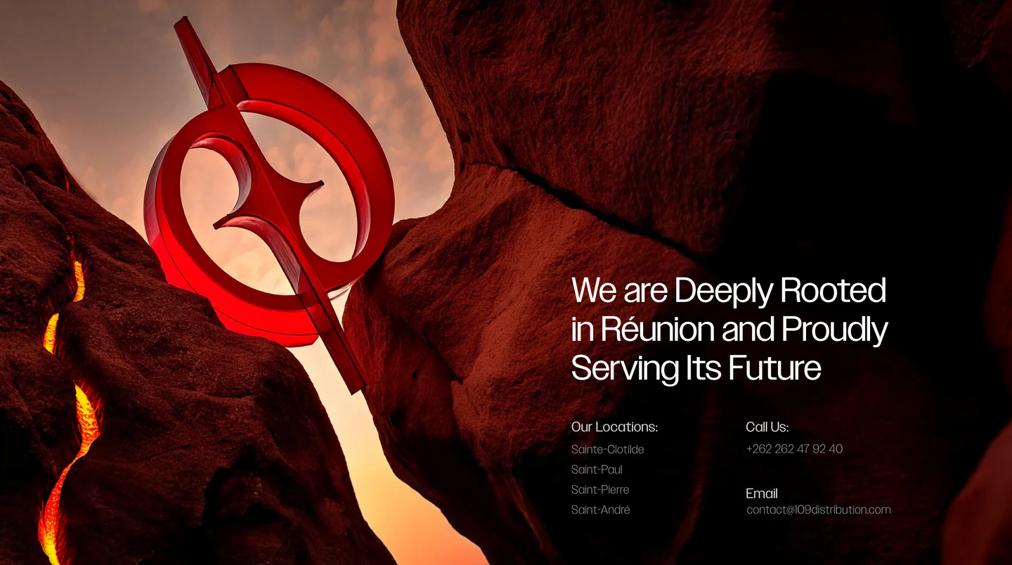 A red 3D logomark over lava: We are deeply rooted in Réunion and proudly serving its future