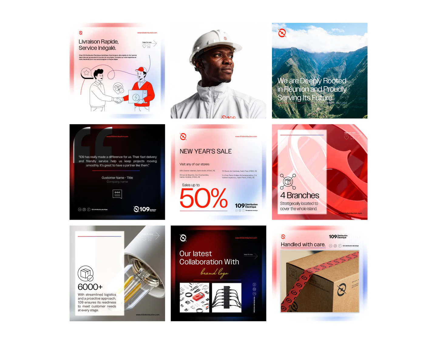 A grid of 109 social posts