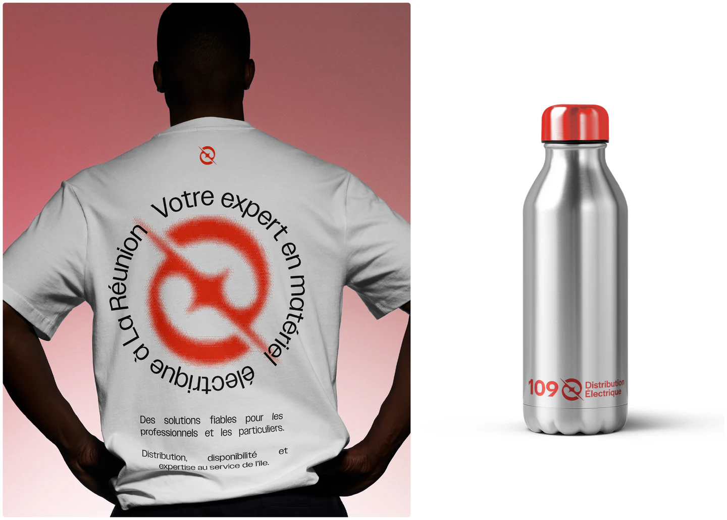 The back of a tee: Votre expert en matériel électrique, and a bottle