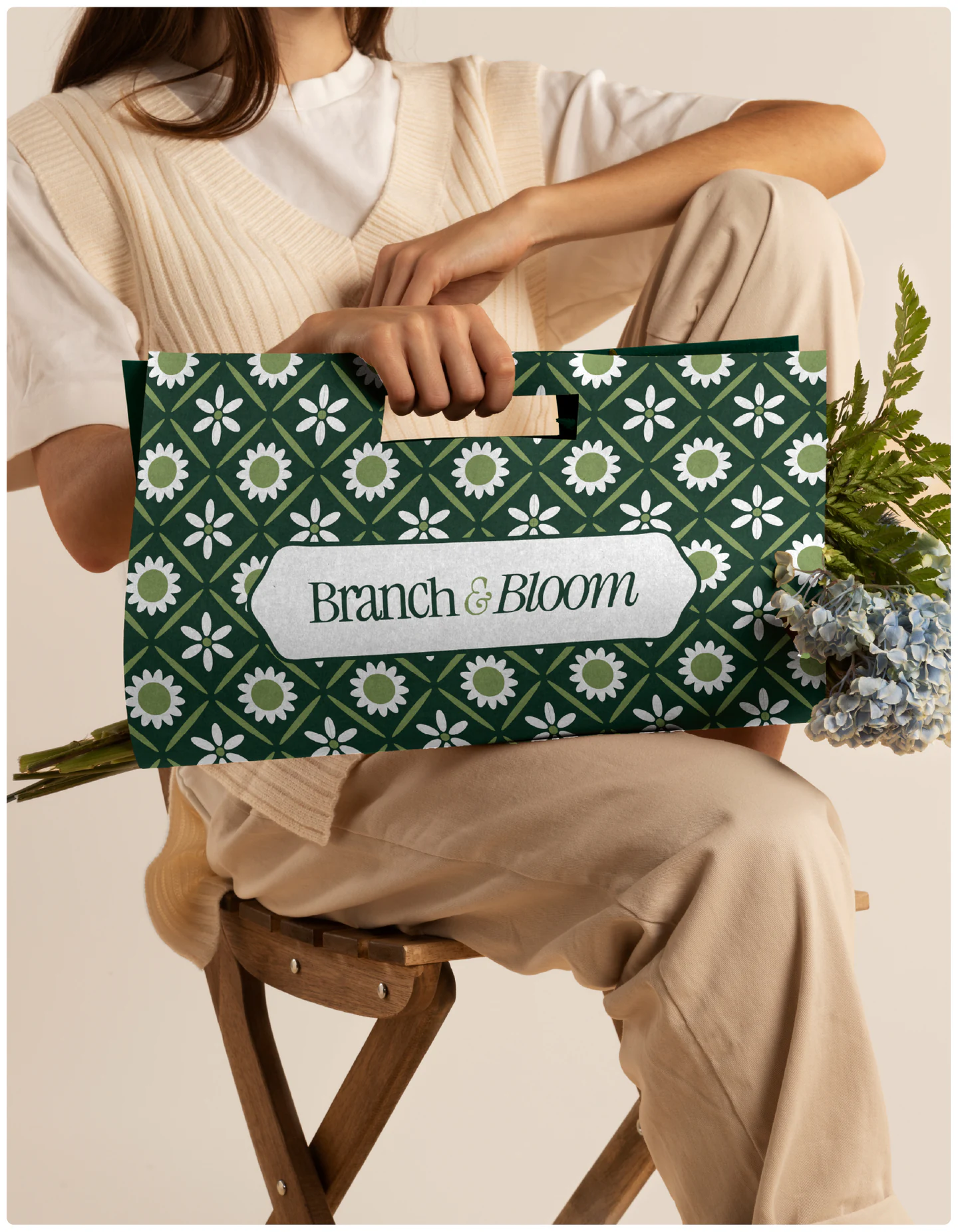 A patterned bag on someone’s lap with flowers
