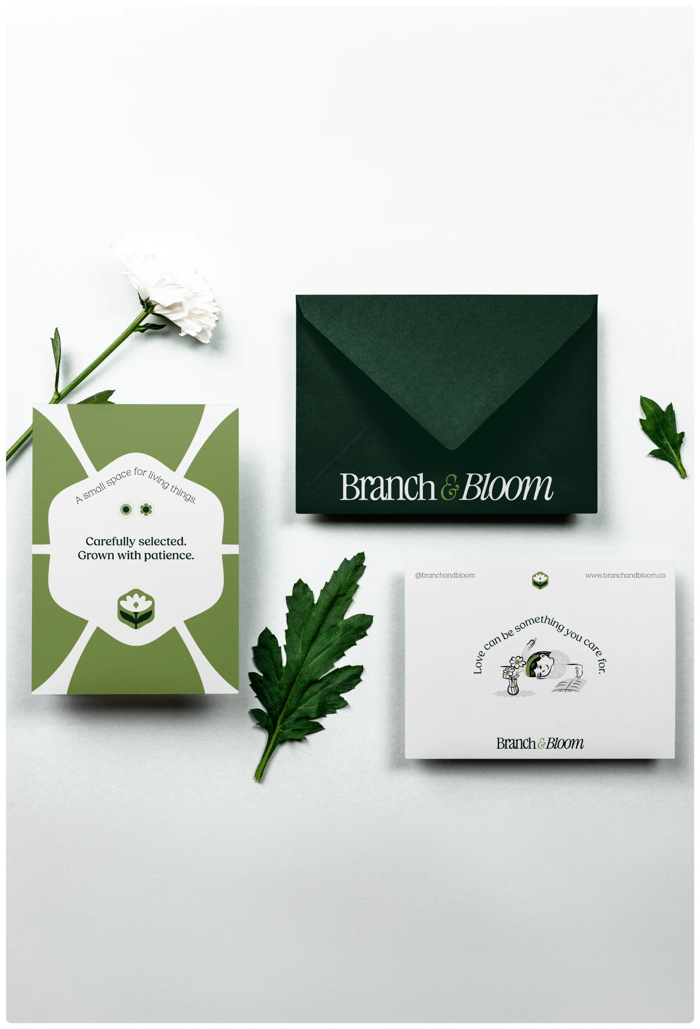 Envelope, cards and a leaf
