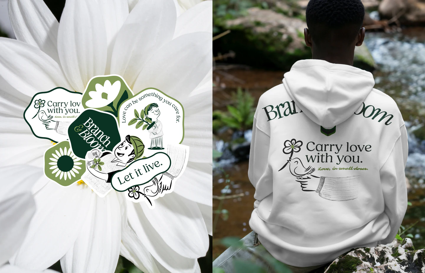 Stickers on a flower and a hoodie with Carry love with you
