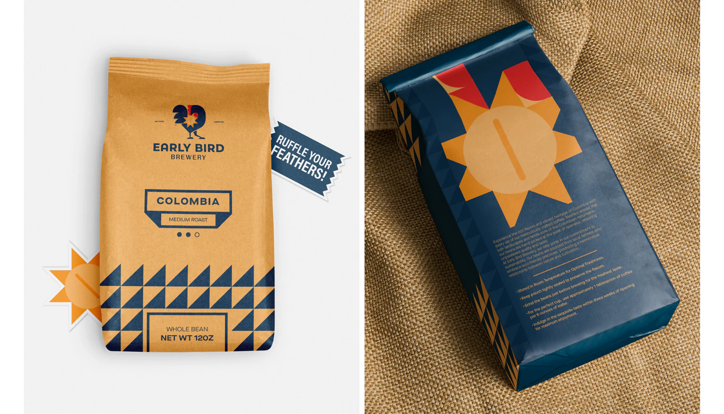 A coffee bag with a Ruffle your feathers sticker