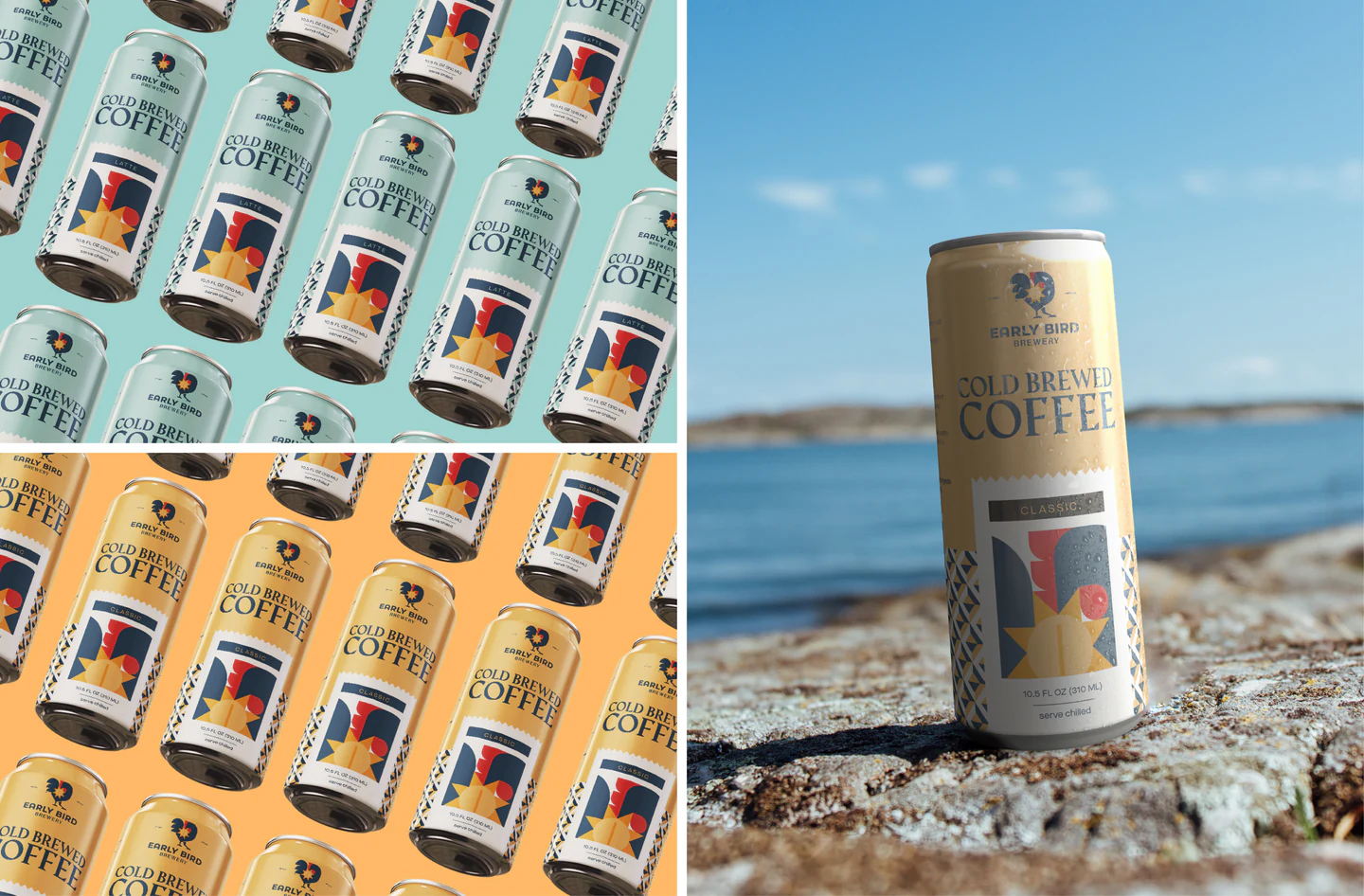 Rows of cans and a can on a rock by the sea