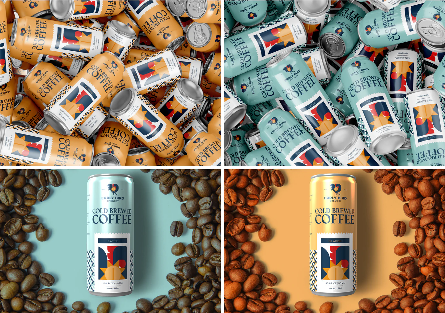 Cans arranged in rows and among coffee beans