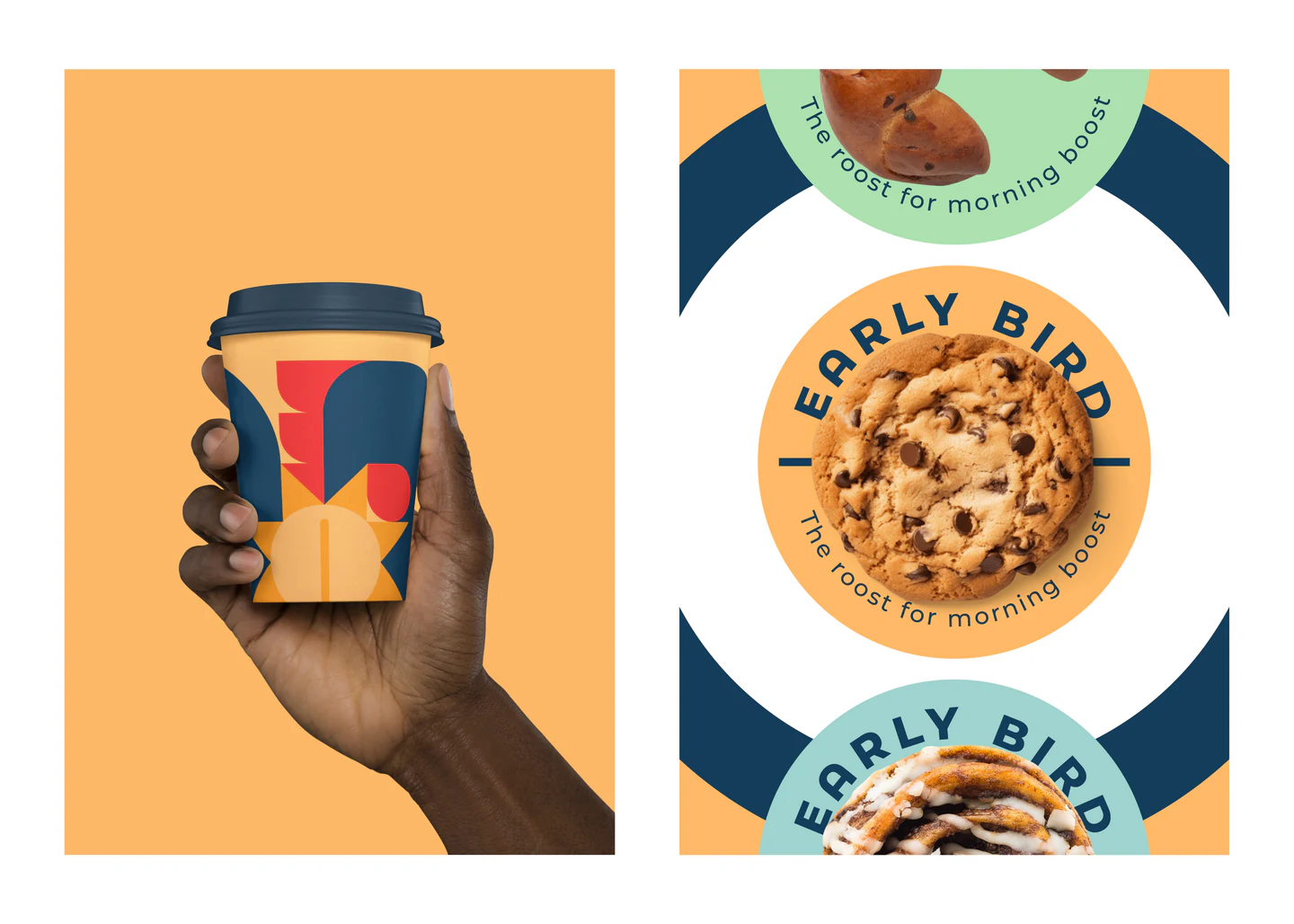A hand holding a cup, and a branded cookie plate
