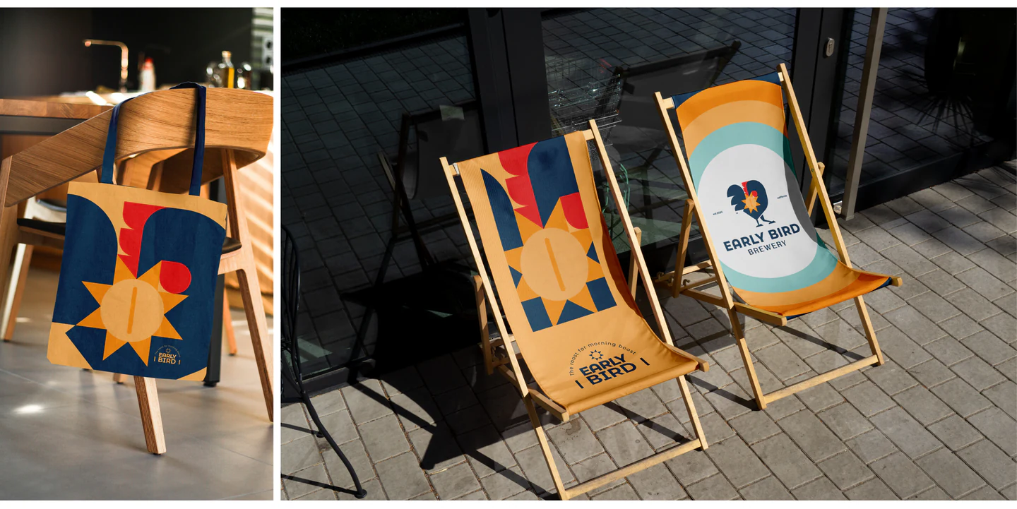 Patterned beach chairs and a tote