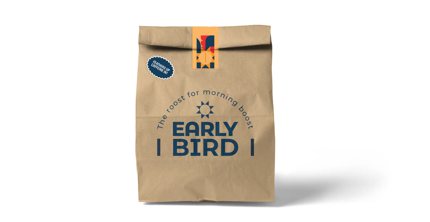 A kraft takeaway bag with the badge
