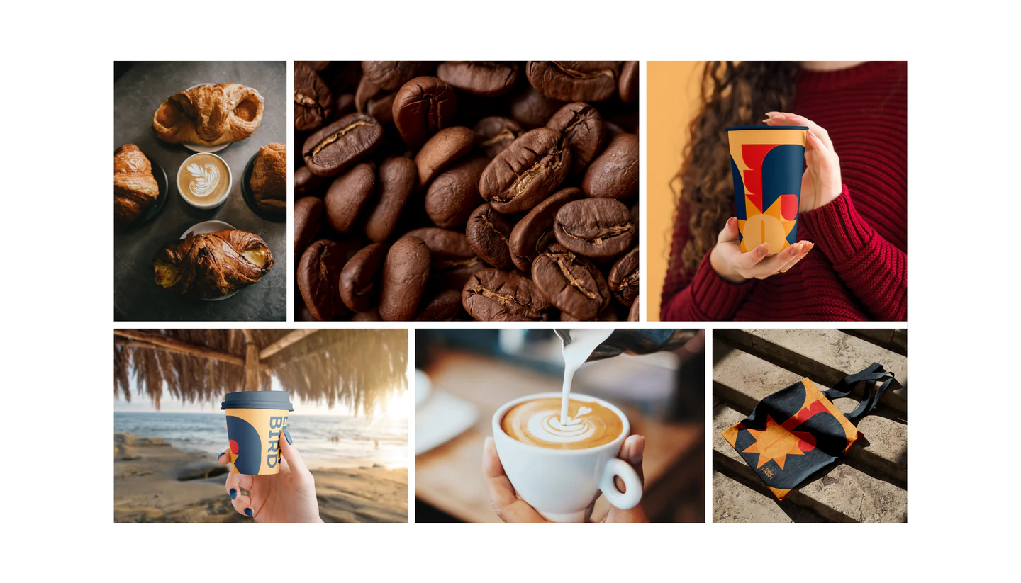 Moodboard of pastries, coffee beans and beach coffee moments