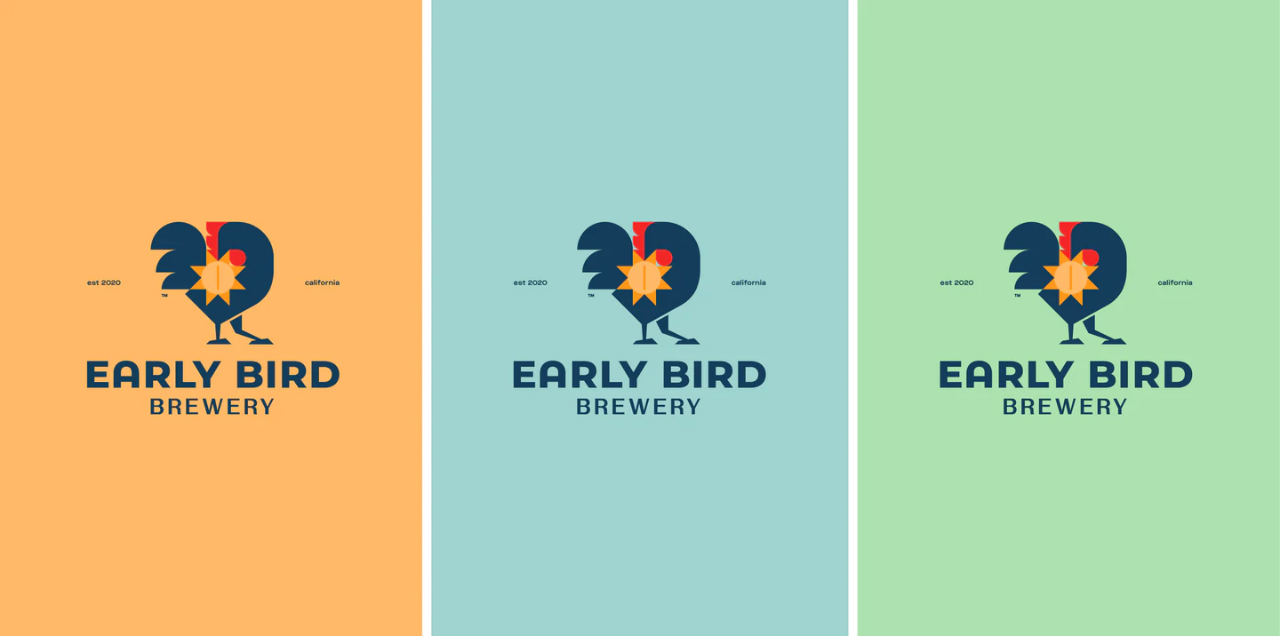 The logo on orange, sky blue and celadon