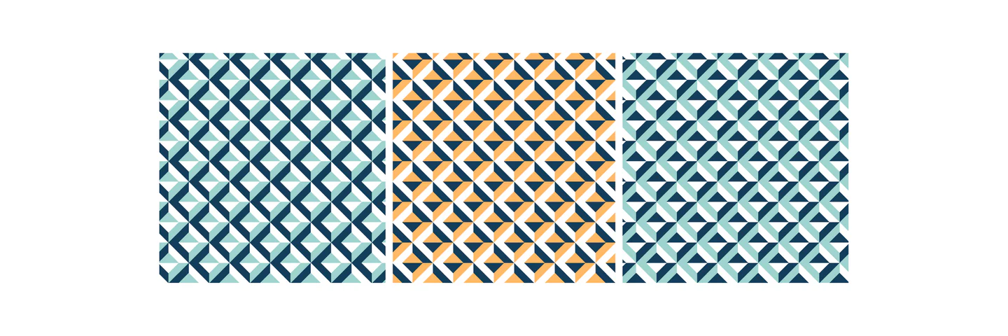 Three geometric patterns in the brand colours