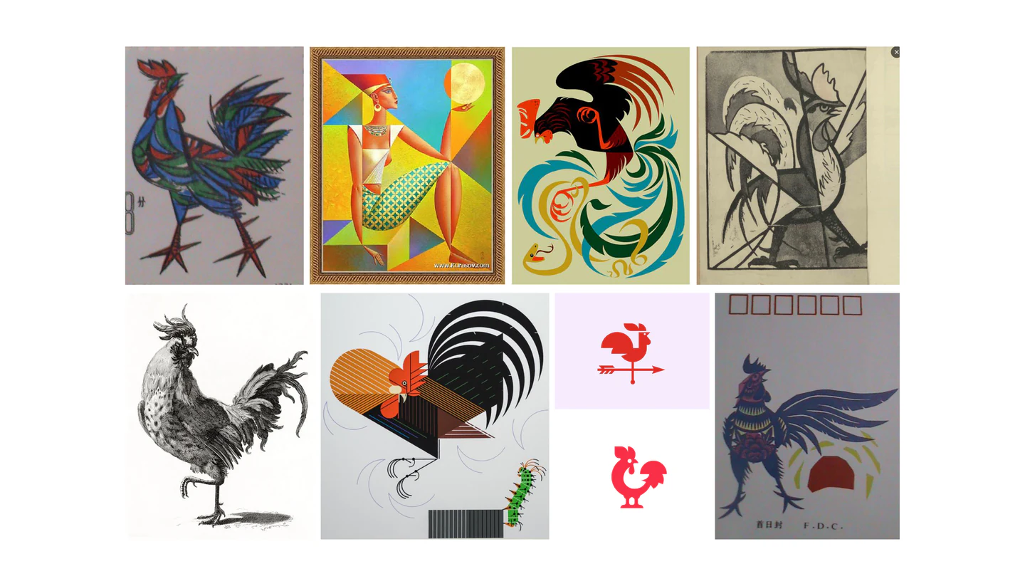 A collage of rooster artworks used as references