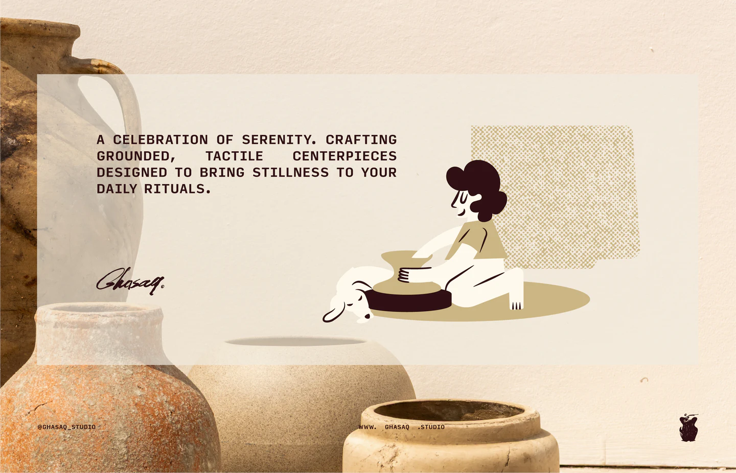 Illustration of a figure at the potter’s wheel over a photograph of ceramics