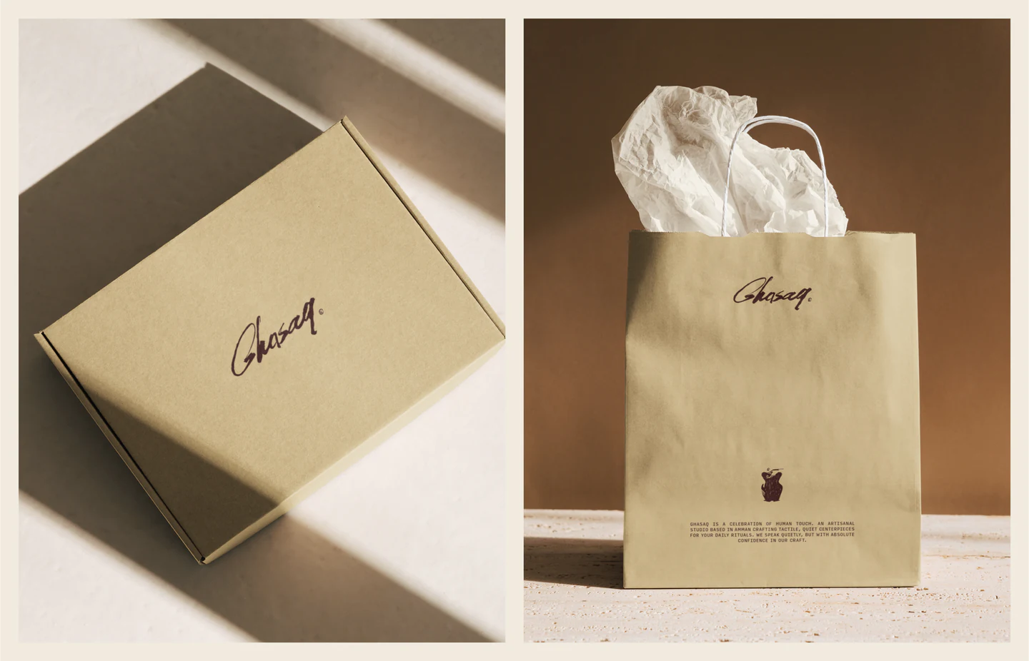 A sand mailer box and a paper bag with the signature