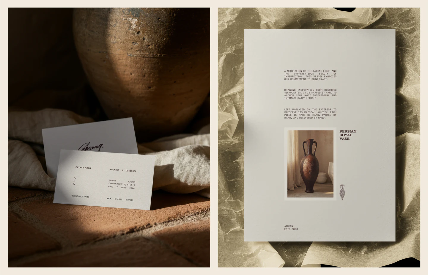 A business card on clay and a print in tissue paper