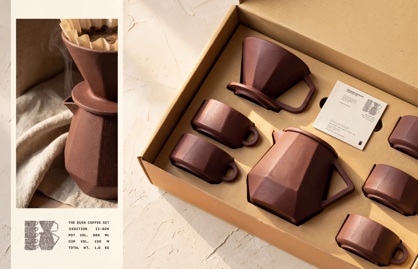 A faceted clay coffee set in its box
