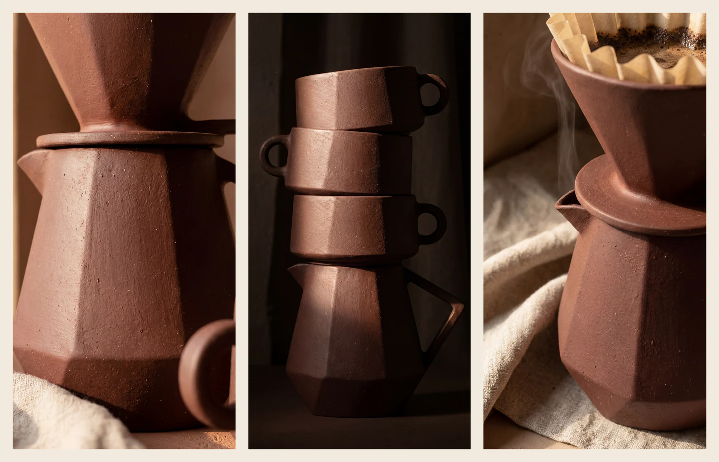 Three close-ups of faceted clay pieces