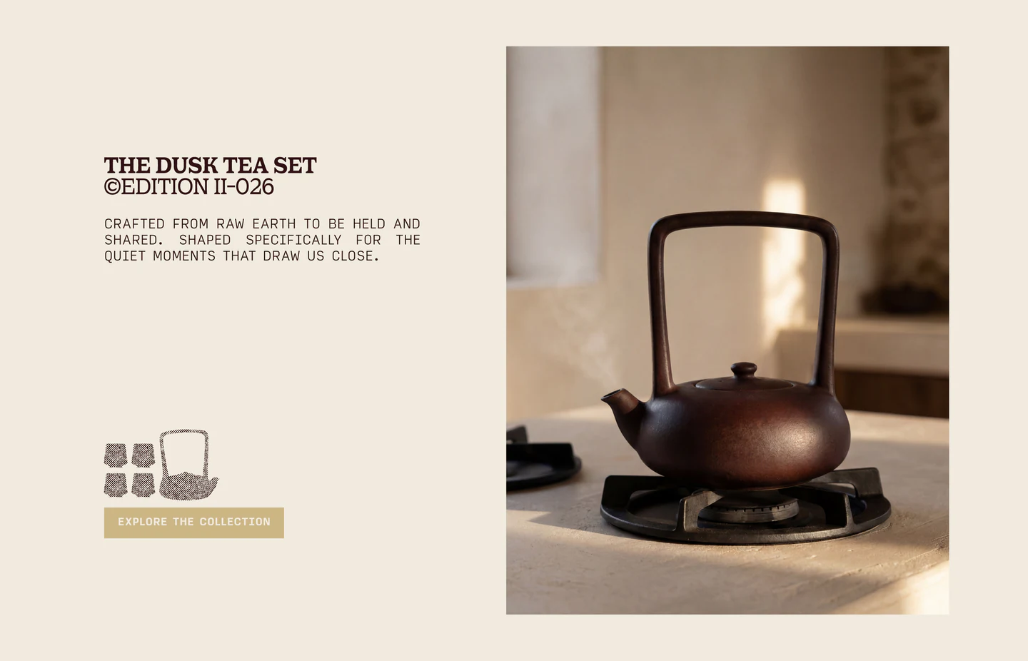 Web page for The Dusk Tea Set beside a teapot on a stove
