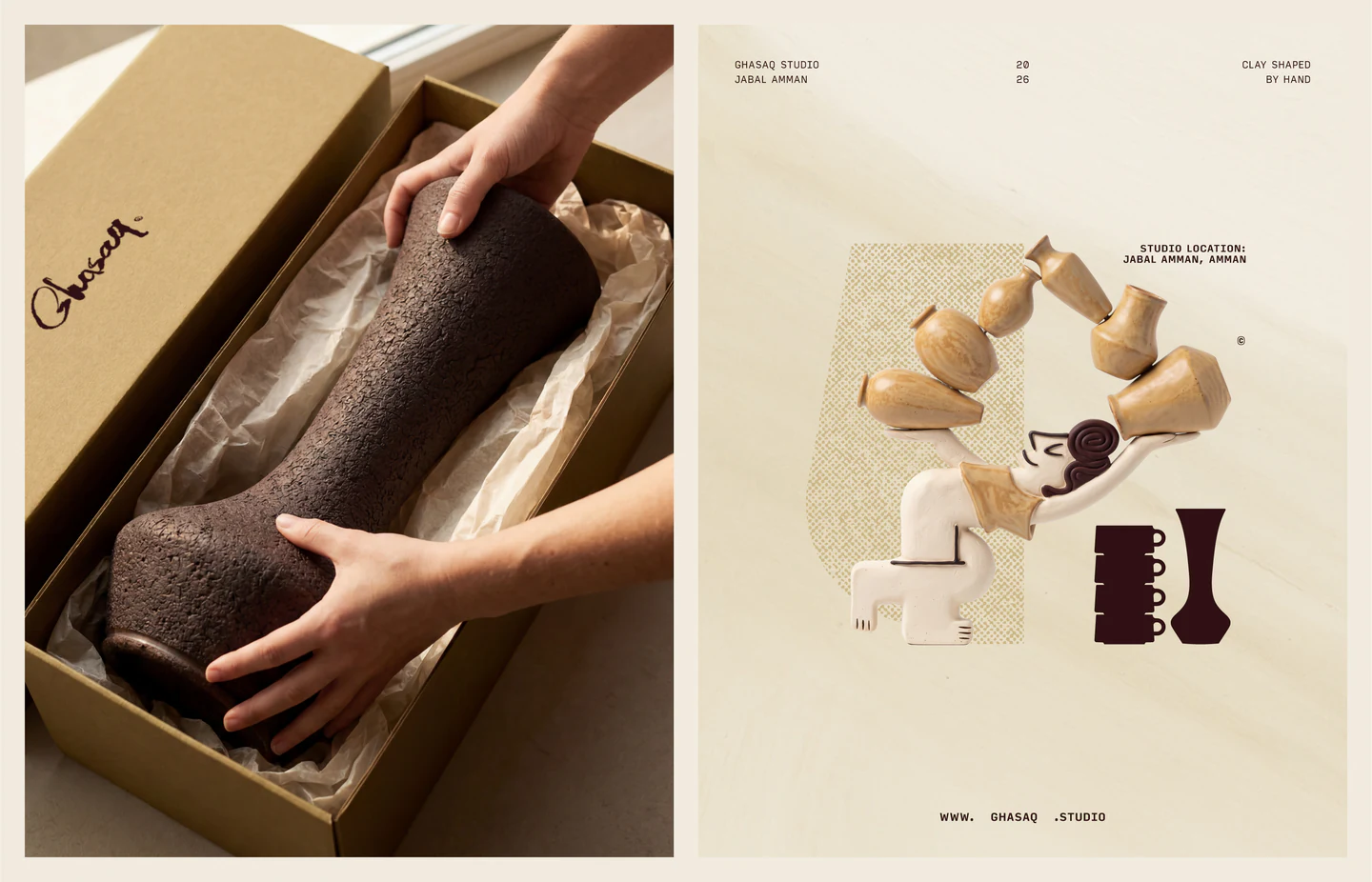 Unboxing a vase beside an illustration of ceramic forms