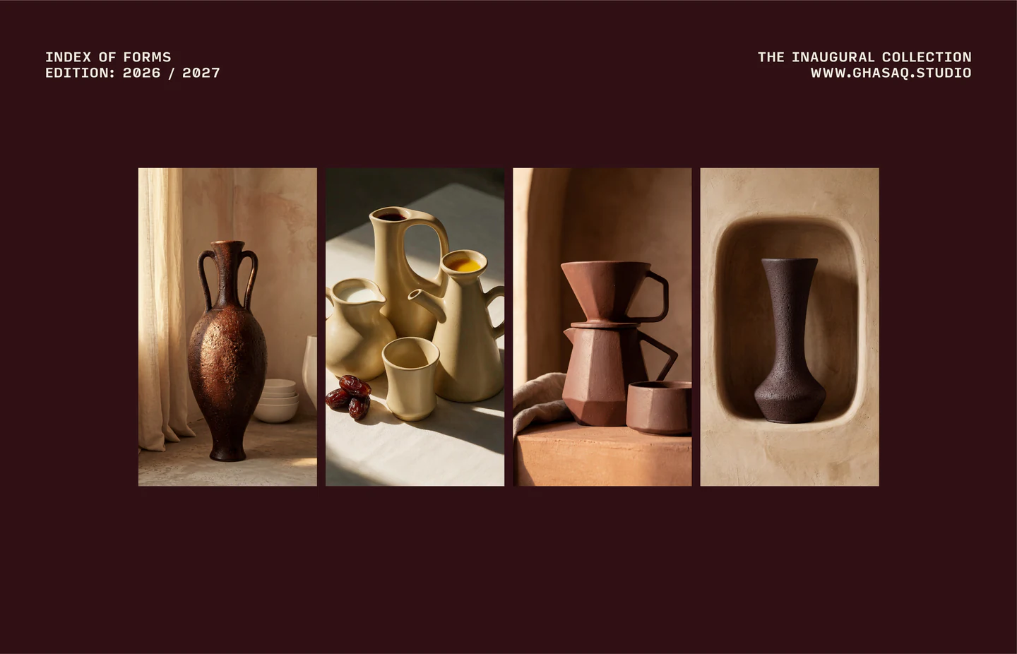 The inaugural collection: four ceramic pieces on maroon