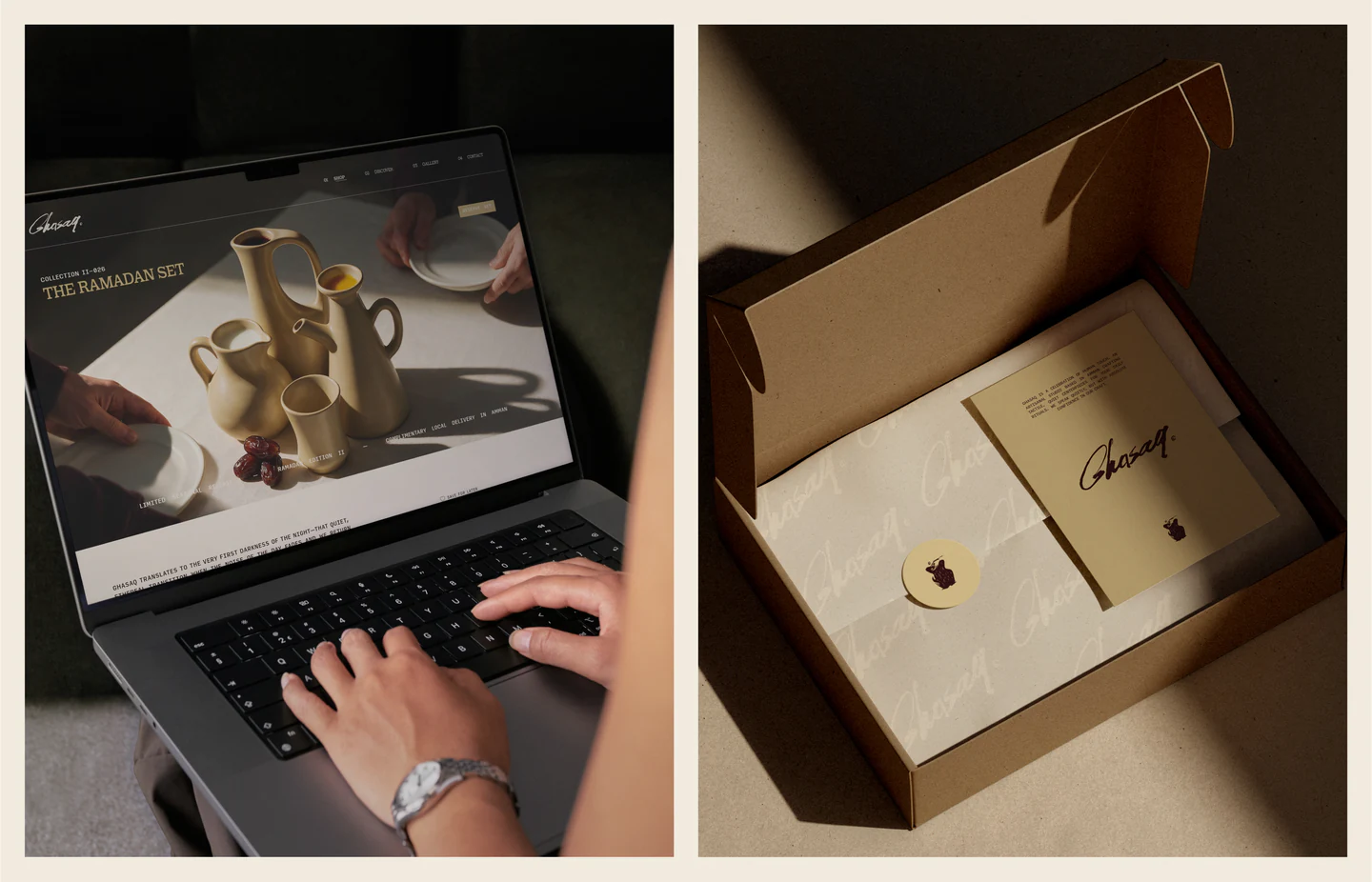 The site on a laptop and an open delivery box