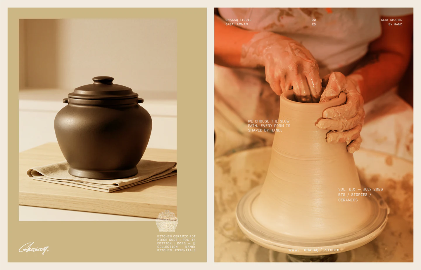 A lidded clay pot and hands shaping clay on the wheel