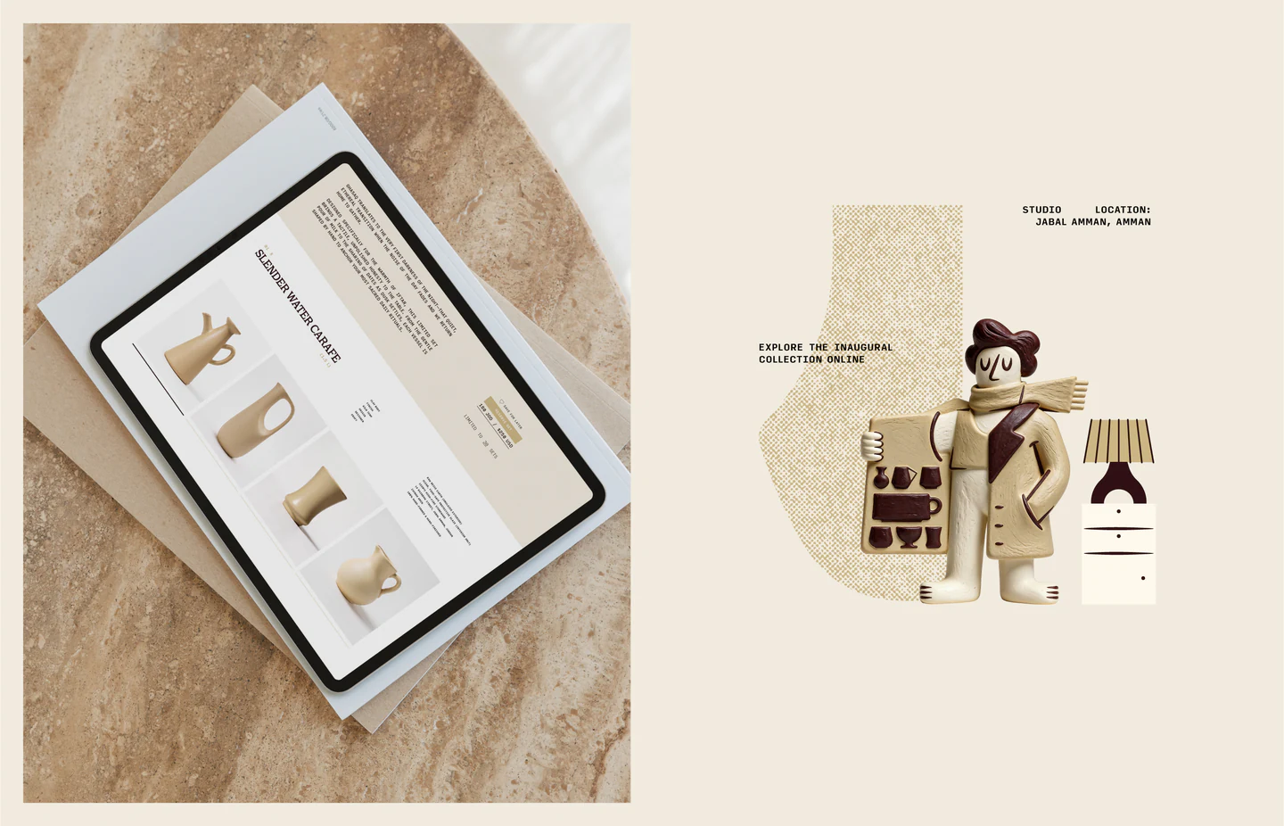 A collection page on a tablet beside an illustrated figure