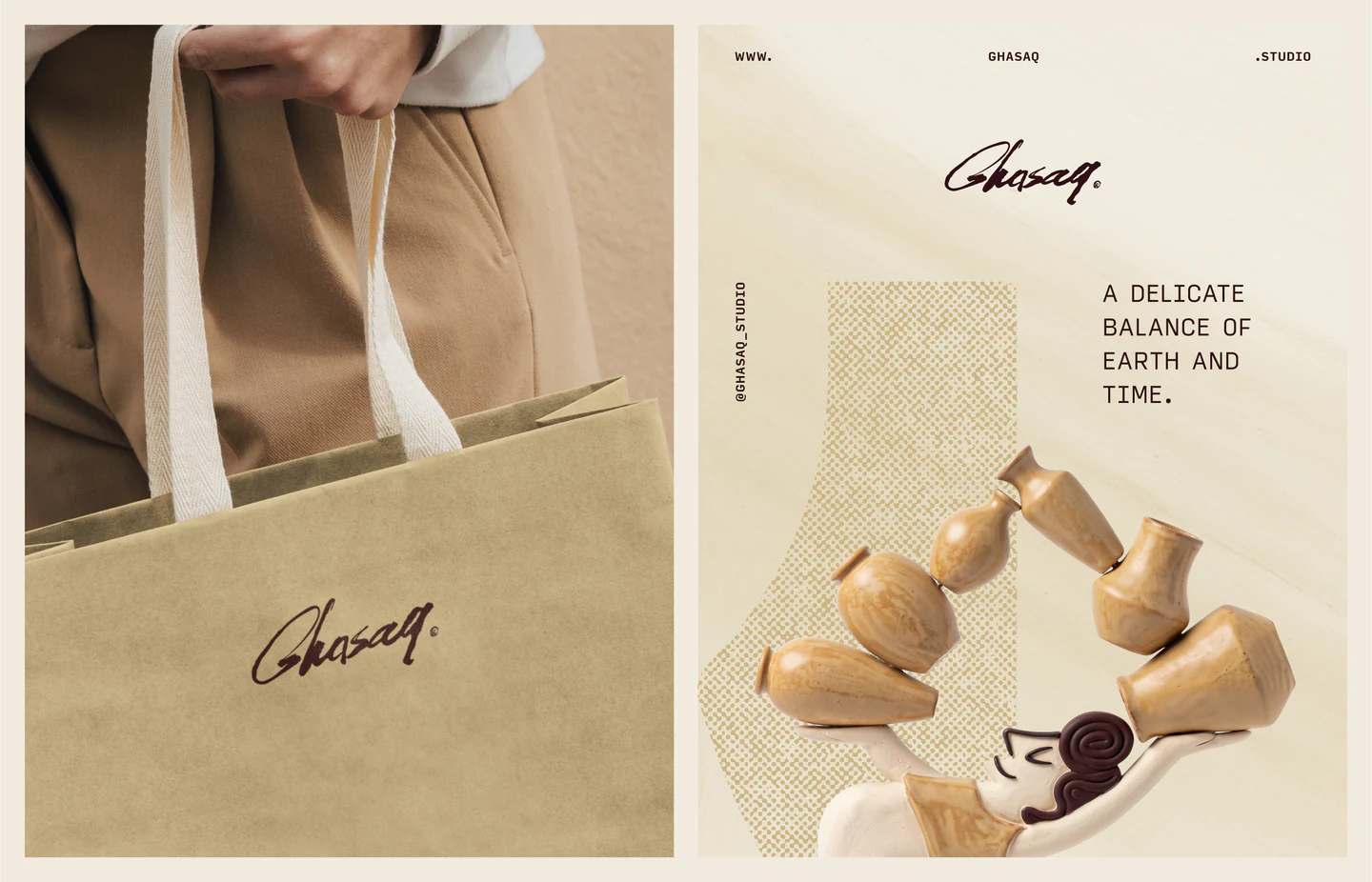 A sand tote bag beside an illustrated poster