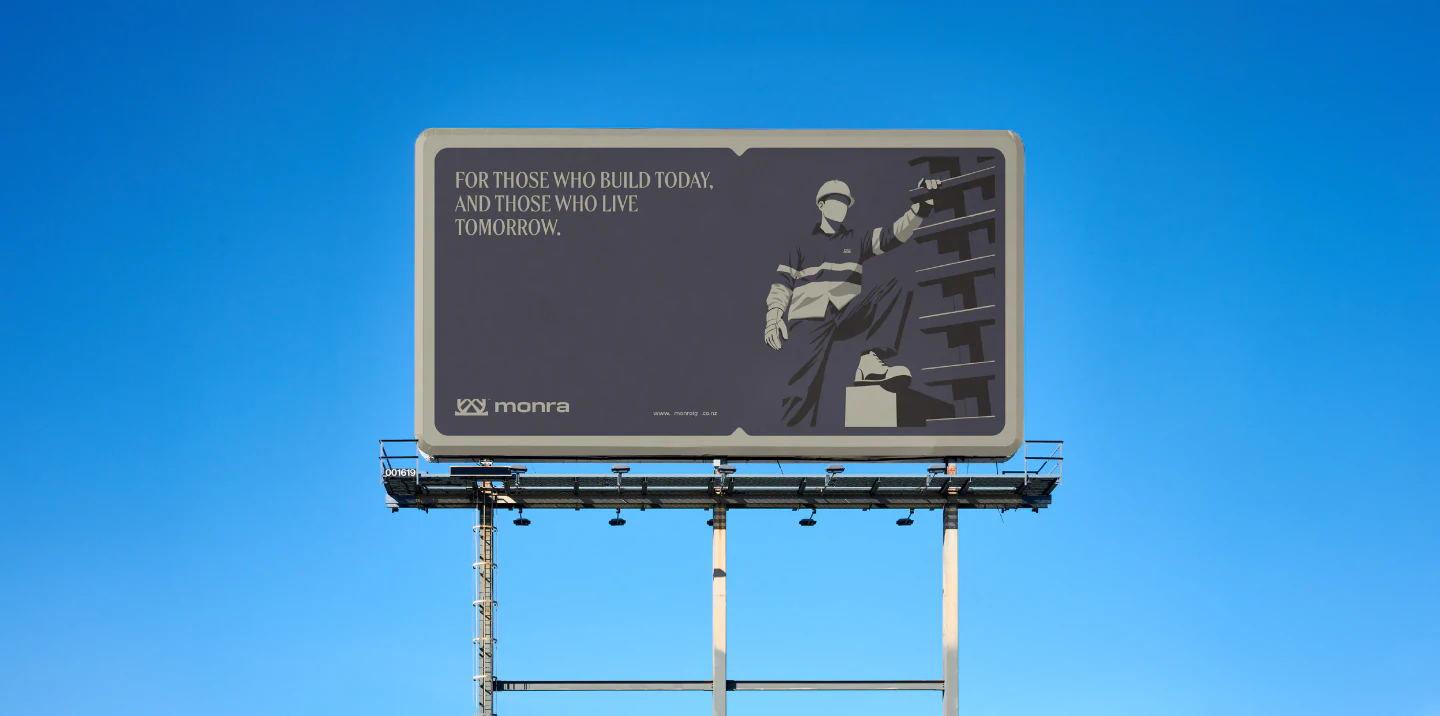 A Monra billboard against a clear sky