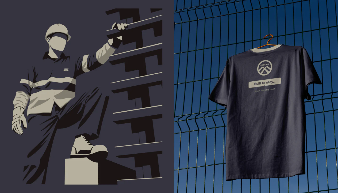 Worker illustration and a Monra tee on a fence