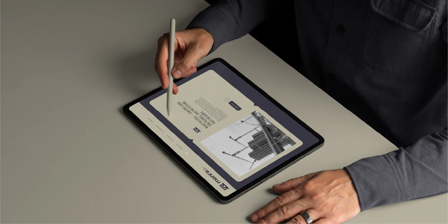 A hand drawing on a tablet showing Monra layouts