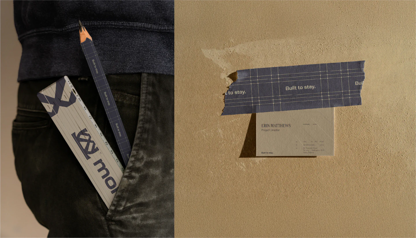 A Monra pencil in a pocket and branded tape