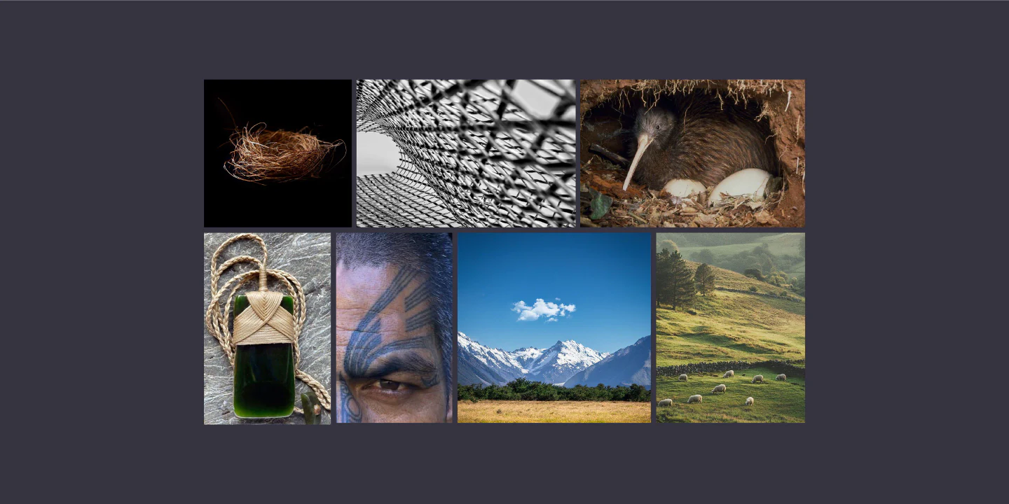 Moodboard: a nest, woven structures, Aotearoa landscapes and textures