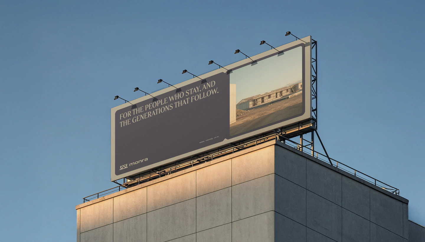 A Monra billboard on a rooftop at golden hour