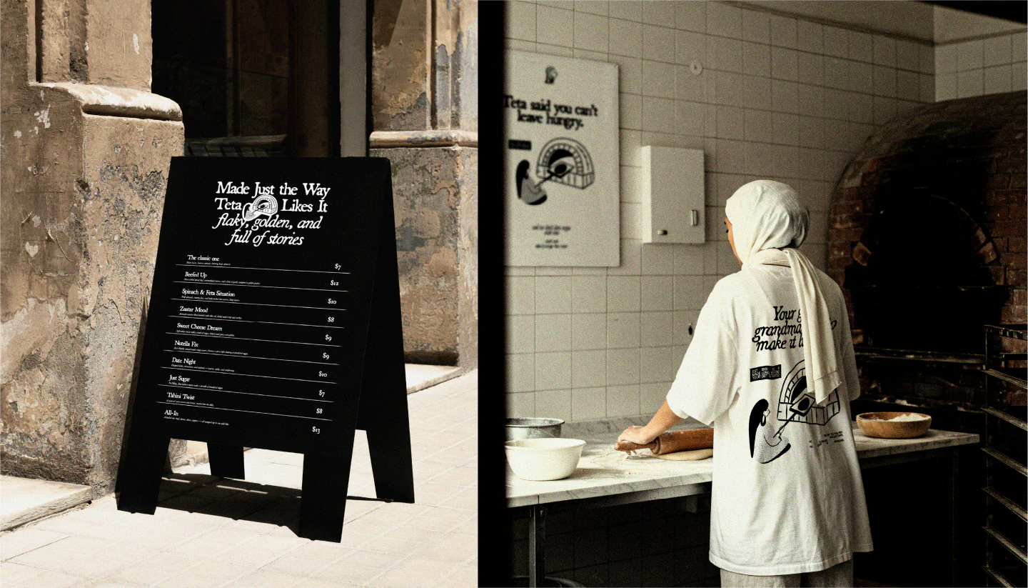 A-board menu outside and a baker in a SEDR tee