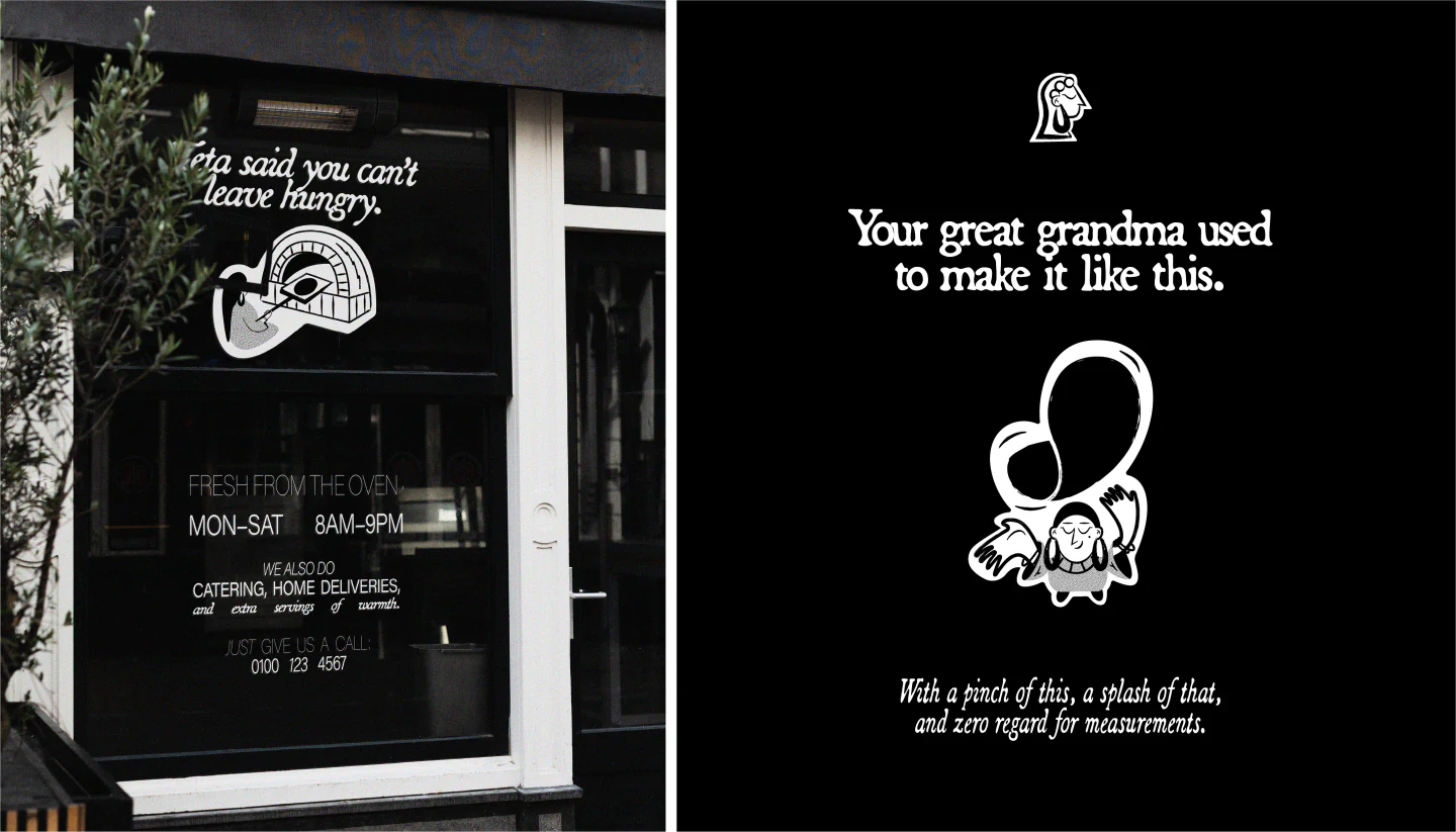 Storefront window and a poster with the illustrated grandma