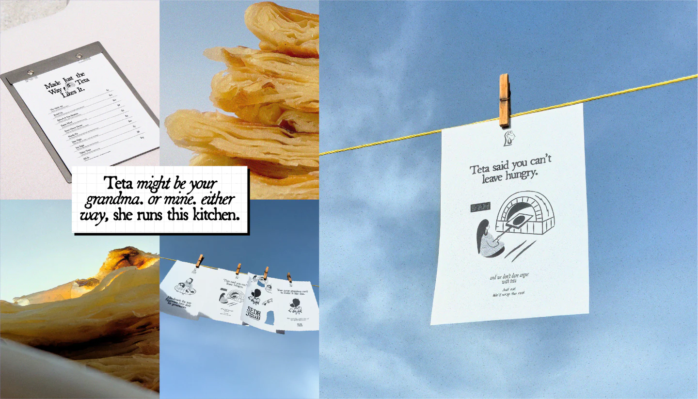 Menu, flakes and prints pegged on a line against the sky