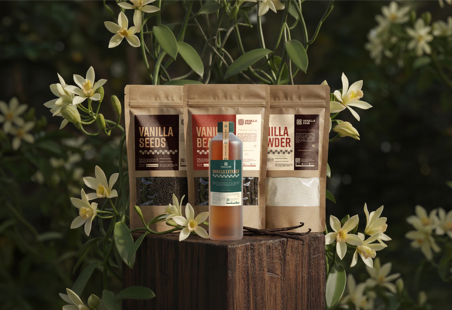 Vanilla Fair pouches and bottle among vanilla flowers