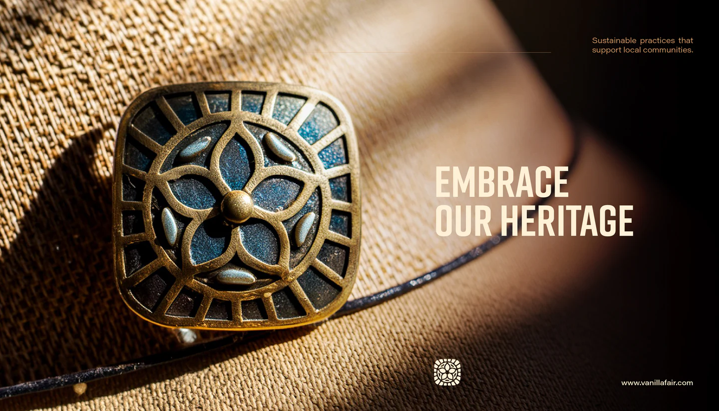 An embossed metal emblem on a pouch: Embrace our heritage