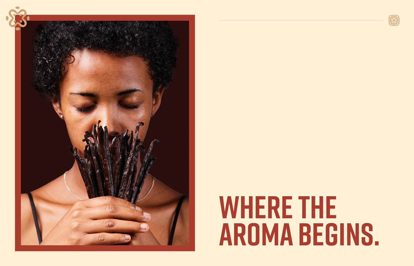 A woman holding vanilla pods to her face: Where the aroma begins