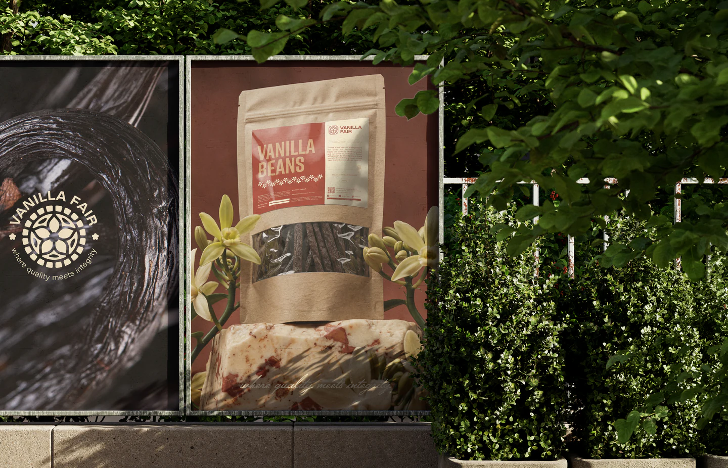A billboard with the vanilla pouch among the trees