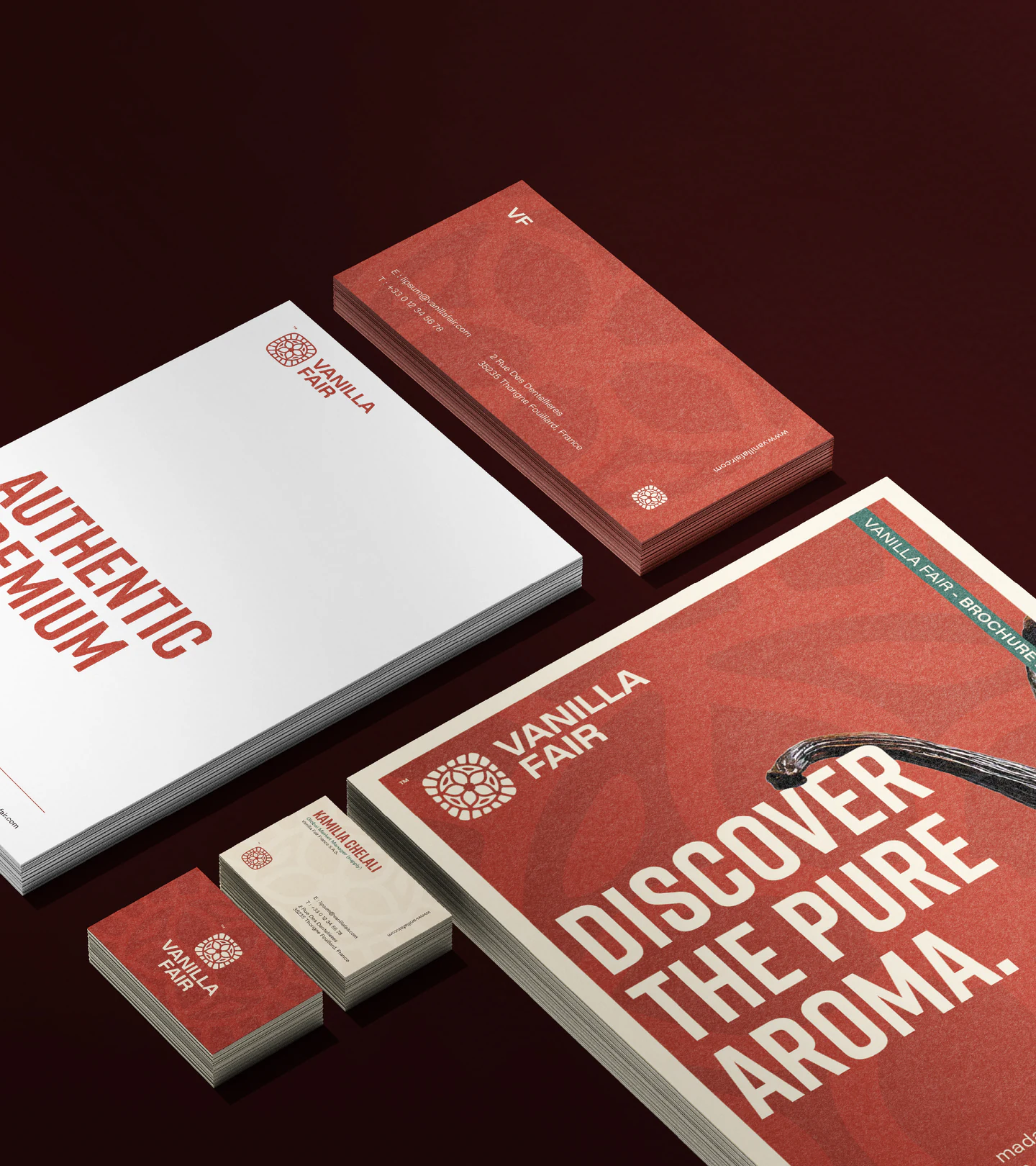 Letterhead, cards and a Discover the pure aroma folder