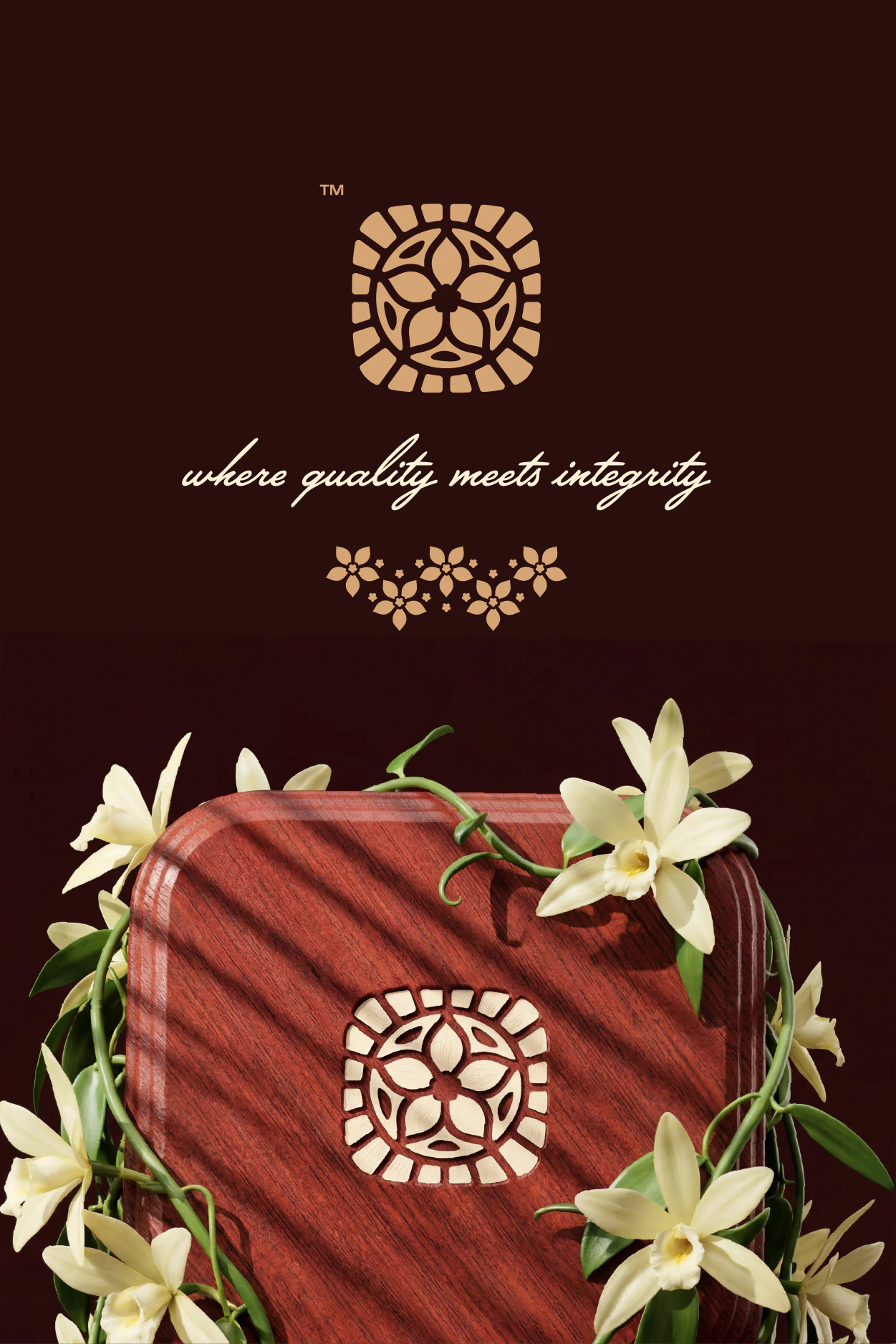 The emblem among vanilla flowers on maroon