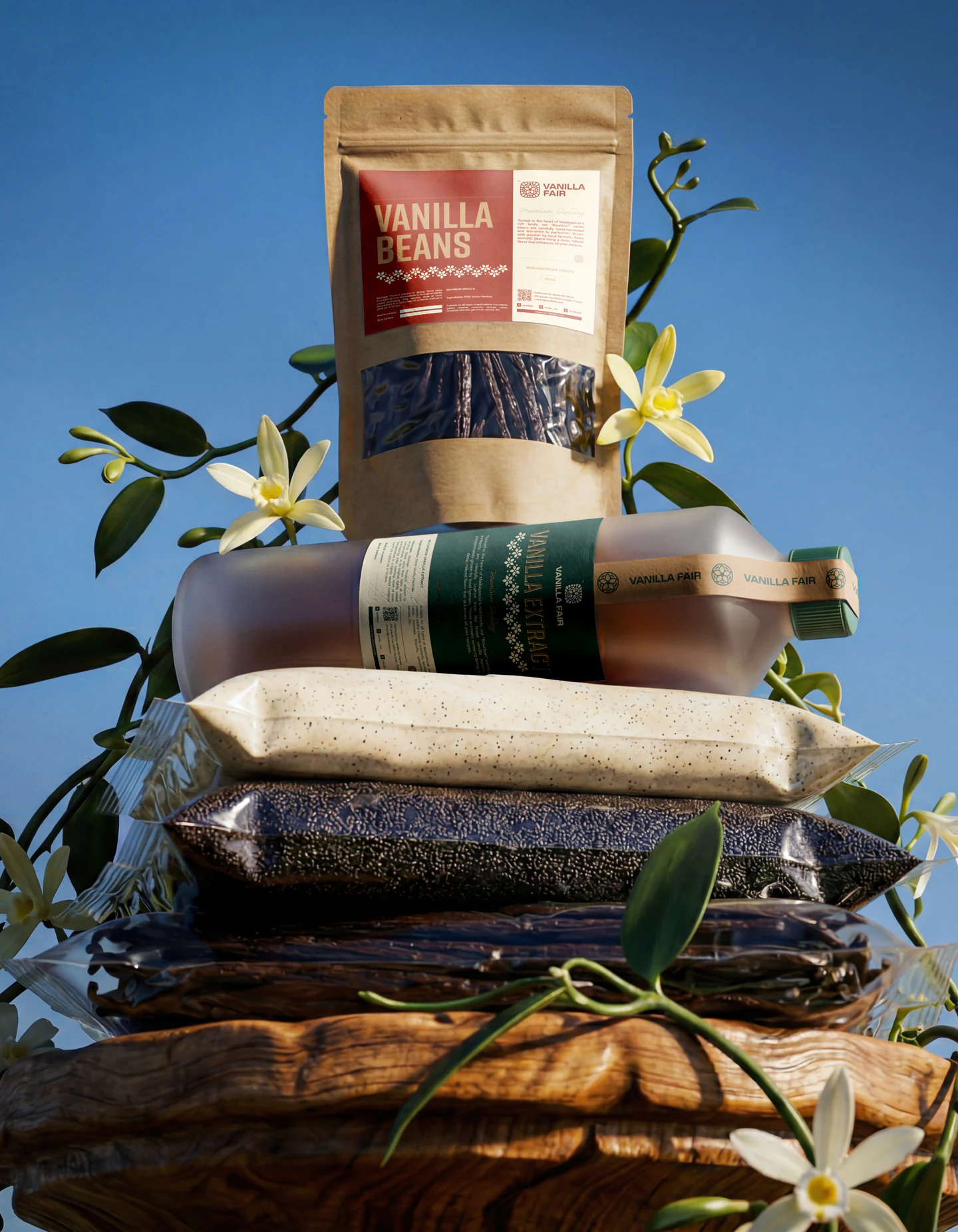 Pouches stacked against a blue sky